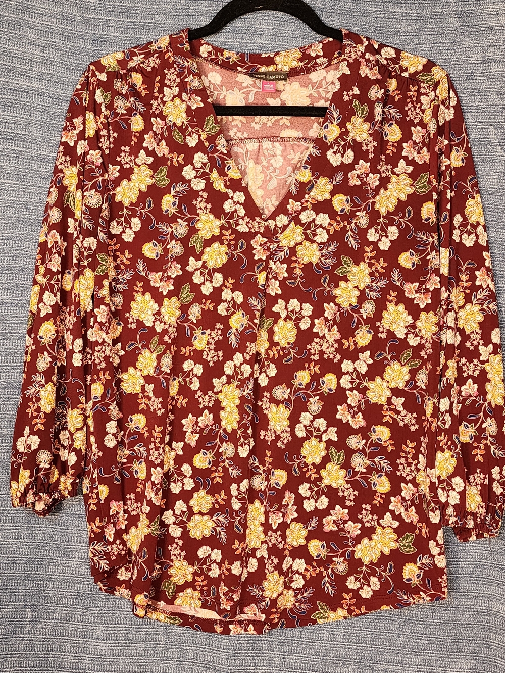 Vince Camuto Burgundy Floral V-Neck Blouse with Yellow and Cream Flowers